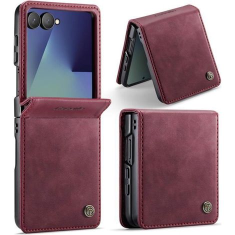 Coque Galaxy Z Flip 7 5G - Porte-cartes Intégré - Blocage RFID - Support Réglable - Cuir PU + TPU - Rouge (1/5)