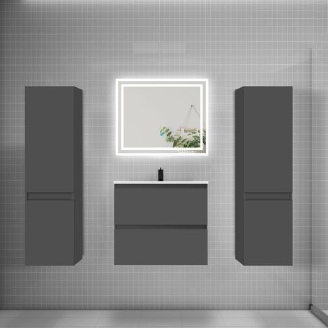 Ensemble meuble de salle de bains 60cm, vasque + colonne + LED miroir,anthracite (1/5)