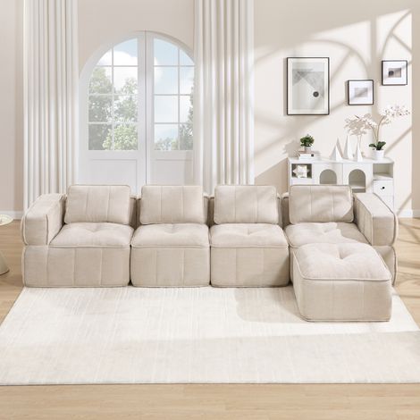 CHICFURN Divano modulare a U 4 posti 344x162x67 cm poliestere beige, con 2 pouf, senza montaggio