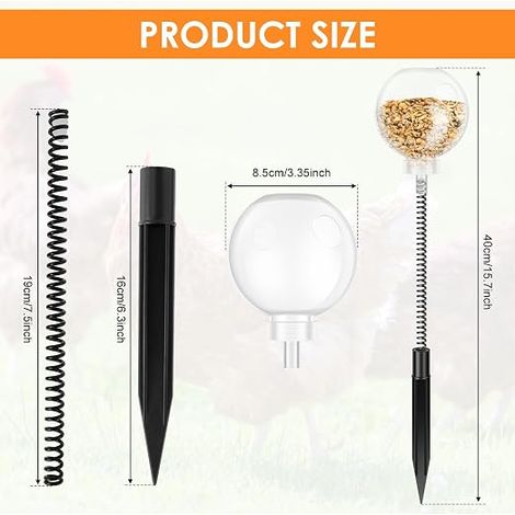 Plastic Chicken Toy with Swing Feeder and Metal Ground Stake, 40 x 8.5 cm, Treat Dispenser, Slow Feed for (1/4)