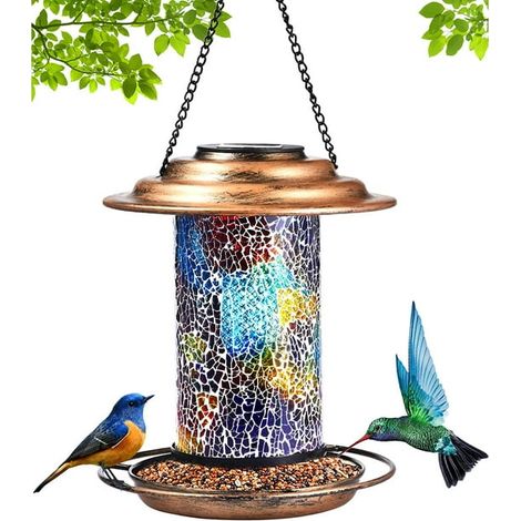 Mangeoires solaires suspendues pour l'extérieur, résistantes aux écureuils, finition verre vintage, plateau en métal cuivré, décoration de jardin, mangeoire chauffante pour colibris, cardinaux, oriole (1/5)