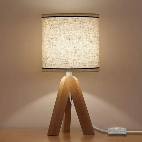 Lampe De Chevet Abat-Jour En Lin Rétro, E27 à Trépied Lampe Chevet, En Bois Lampe De Table Pour Chambre,Salon,Bureau (1/5)