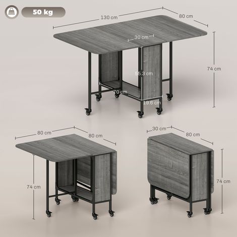 Table de salle à manger pliante (6 couverts maximum, avec étagères), bois et métal, 130 x 80 x 74 cm, grise (1/5)