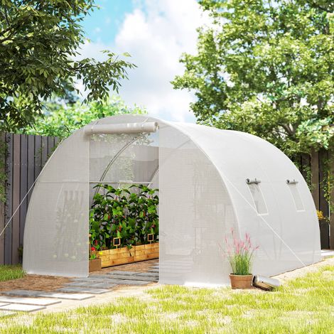 Serre de jardin tunnel 9 m² 4 fenêtres. porte zippée enroulable châssis acier galvanisé. bâche PE 3 x 3 x 2 m blanc (1/5)