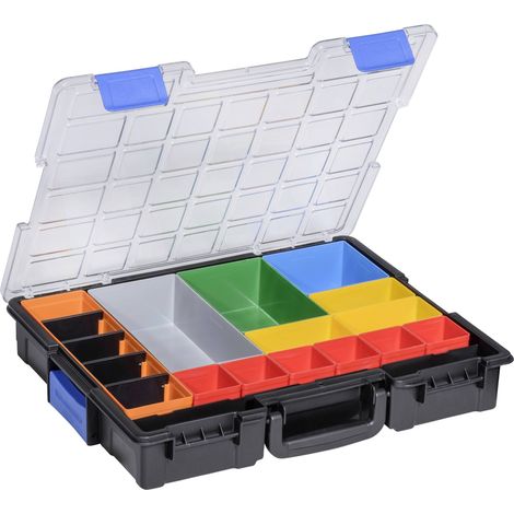 FP – Mallette de rangement pour petites pièces L440xP355xH76mm – 18 compartiments – Plastique résistant aux chocs – Couvercle transparent (1/7)