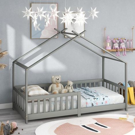 Lit enfant cabane 90x200 cm avec barrière et sommier à lattes,Cadre de lit simple en bois massif pour enfant et adolescent,gris (1/5)
