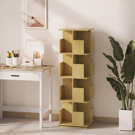 Bibliothèque Rotative à 4 Niveaux, Étagère Rangement avec 16 Compartiments, 39 x 39 x 128,3 cm, Chêne (1/5)