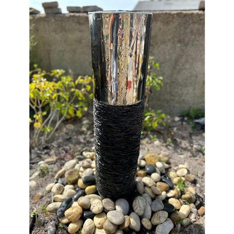 Natural Slate & Stainless Steel Column Water Feature - 22cm Dia x 88cm H
