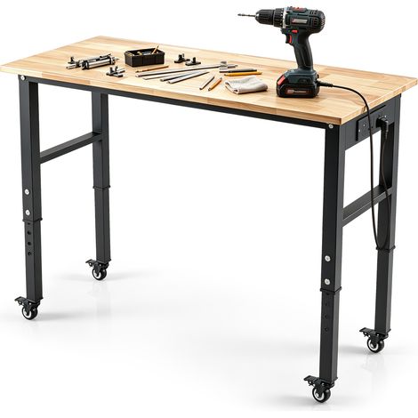 Établi Atelier Réglable à 10 Niveaux, Plateau en Bois Chêne 116x50cm, Table de Travail Mobile avec Freins, Charge 150 kg, Ports USB Type-C (1/5)