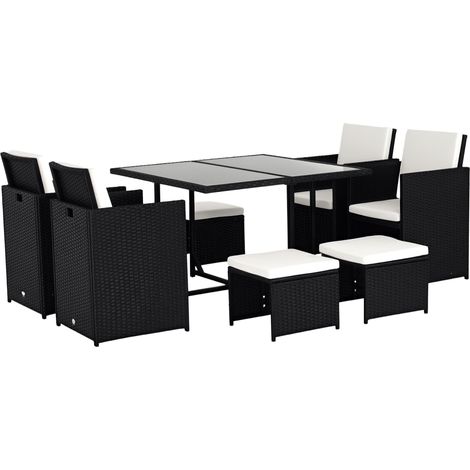 Ensemble Salon de Jardin encastrable 8 Personnes 9 pièces résine tressée 4 Fils Imitation rotin Noir Coussins déhoussables crème