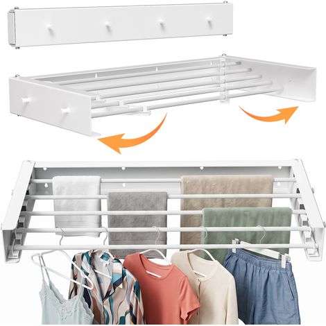 Wolketon Tendedero de pared plegable de 80 cm – 5 ganchos con pomo – Para interior y exterior – Fácil instalación – Blanco, carga máxima de 25 kg (1/5)