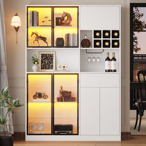 Vitrine haute 140x30x200 cm avec LED Bluetooth, 6 portes dont 4 vitrées, 1 tiroir, 9 niches, porte-verres, casier à vin, meuble blanc (1/5)