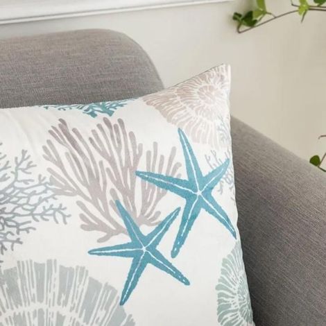 Taies d'oreiller Côte Nautique 45 x 45 cm (Lot de 2) Thème Plage, Coquillages, Corail, Étoile de Mer, Bleu (1/5)