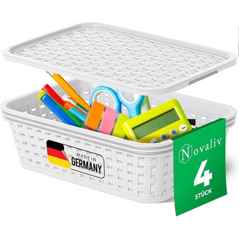 Novaliv lot de 4 paniers de rangement élégants avec couvercles aspect rotin  Plastique alimentaire blanc 1L  pour le bureau et la maison. Boîtes de