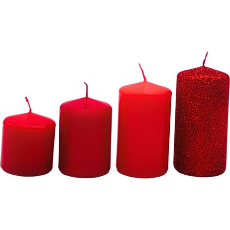 Lot de 4 bougies piliers, pour couronne de l'Avent, bougies de table, rouge Avent et paillettes rouges, graduées de 5 x 5 x 5 cm à 5 x 9 cm (L x l x H) (1/5)