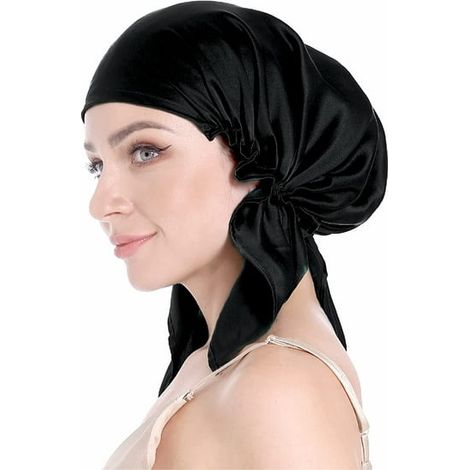 Bonnet de nuit en soie pure, bandeau à nouer, grande taille pour cheveux bouclés, foulard de soie pour soin capillaire (Noir) (1/5)