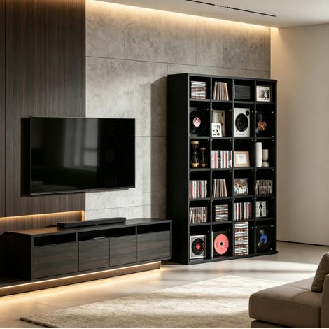 Estantería CD y DVD estrecha con baldas ajustables, para 456 CD o 336 Blu-ray, en tablero negro, 89 x 20 x 130,5 cm, mueble multimedia CHICFURN para salón u oficina (1/5)
