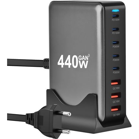440W Chargeur USB C,8 Ports Multiple GaN Chargeur Secteur avec 5 USB-C et 3 USB-A,Chargeur Rapide Station de Charge Adaptateur Compatible avec MacBook Pro/Air Laptop, iPhone,iPad Pro,Galaxy,SteamDeck( (1/5)
