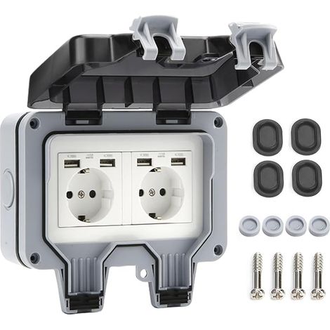 Prise externe ports USB, prise de jardin, montage saillant, étanche, contact de protection rabat (1/4)