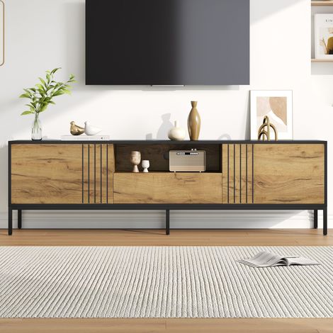 Meuble TV bas 170 cm 2 placards 1 tiroir support TV 70 pouces rangement salon bois massif