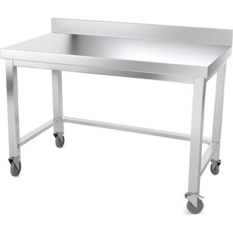 Table de travail en inox 1500 x 800 mm adossée avec renfort sur roulettes PREMIUM - GOLDINOX (1/4)