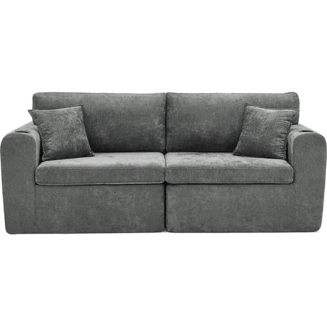 Canapé Relax - 2 Places - Confort Moelleux - Chenille - Porte USB & Coussins Inclus & Porte-Gobelets - 220 x 100 x 89 cm - Gris (1/5)