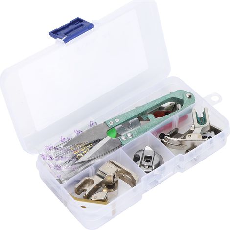 Accessoires pour machines à coudre : aiguilles, kit de pied-de-biche, vis de fixation, outil de retrait du fil.