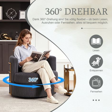 Fauteuil pivotant 360° en velours côtelé gris, accoudoirs moelleux en mousse haute densité, rangement intégré sous l’assise, idéal pour chambre et salon. (1/5)