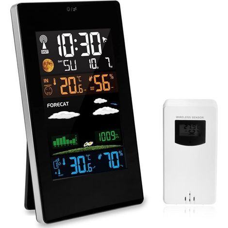 Station météo sans fil avec capteur extérieur, affichage numérique multifonction couleur radio DCF, thermomètre hygromètre intérieur et extérieur avec prévisions météorologiques