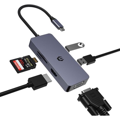 HUB USB C, HUB USB C 6 en 1 avec USB 2.0, 4K HDMI, VGA, LECTEURS DE Cartes SD/TF COMPATIBLES avec Les Ordinateurs Portables (1/5)