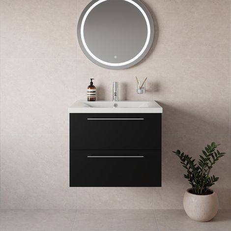 Napoli 460 Matt Black 600mm Wall Mounted 2 Drawer Vanity Unit with Glide Basin - 600mm - Chrome 320mm Handle