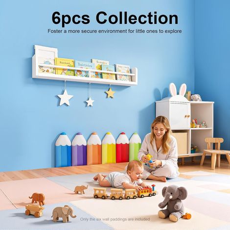 6 Stück Stoßfeste Wandmatte, 3D Kinderwandaufkleber, Kreative Bleistiftform Selbstklebende Wandmatte, Bleistiftform Stoßfeste Wandmatte für Schlafzimmer Spielzimmer, 6 Farben (1/5)