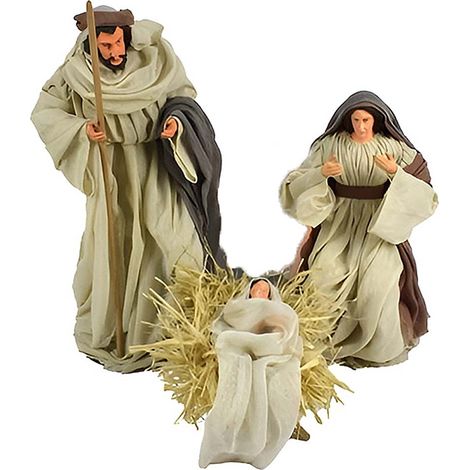 Natività 3 Pz in Tessuto Elegante SacraFamiglia GRANDE H48 Decorazione natalizia Colori raffinati beje grigio Maria Giuseppe e Gesù nella Culla Elegante idea regalo per natale