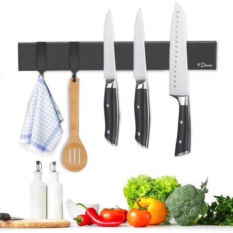 Magnetleiste für Messer 30 cm mit 2 Haken, schwarz, ohne Bohren (1/5)