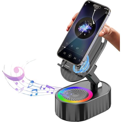 5-in-1-Bluetooth-Induktionslautsprecher, wiederaufladbarer Nottelefonhalter (3000 mAh), mit buntem Umgebungslicht, 300 ° faltbar (schwarz)
