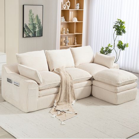 Modulares 3-Sitzer-Sofa 263x167x85 cm beige Cordstoff mit Hocker, Kissen und Seitentaschen (1/5)
