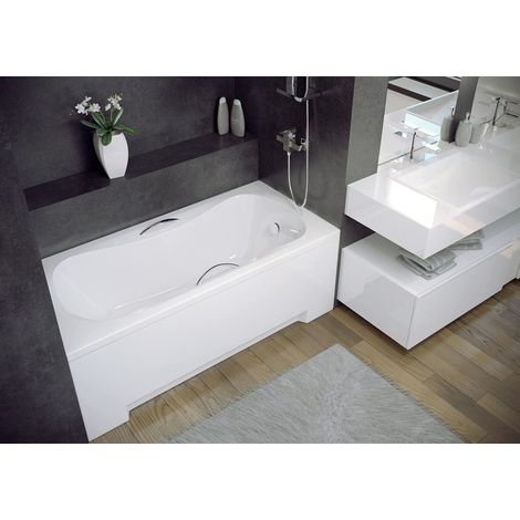 ECOLAM® Badewanne Rechteck 150x70 cm Aria + 2 Handgriffe + Schürze Acryl weiß Ablaufgarnitur Füße Silikon Komplett-Set Acrylbadewanne