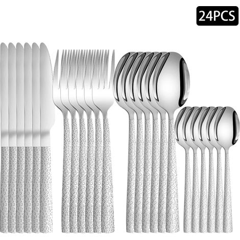 (Argent) Ménagère en acier inoxydable argenté (24 pièces), couverts à manche carré à motif peau de serpent (1/2)