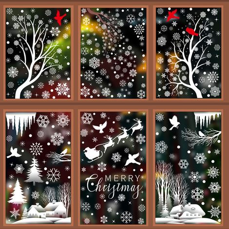Autocollants pour fenêtre flocons de neige blancs et branches d'arbre, autocollants scène de forêt enneigée avec colibris, décorations de Noël hivernales, décorations de fenêtre statiques, anti-collis