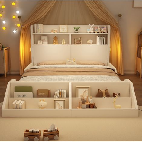 DESVIAE Lit double en bois 140 x 200 cm avec tête de lit à étagères veilleuses magnétiques étagère amovible sommier à lattes blanc marque générique (1/5)