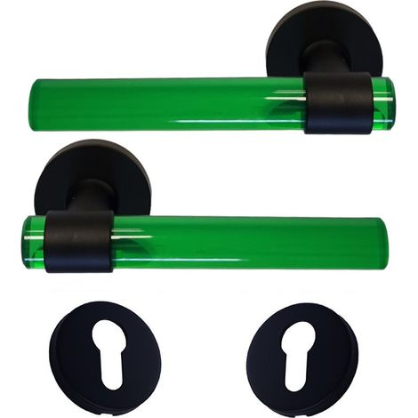 Coppia di maniglie per porte "JOY" Tubi in cristalina VERDE Piedini in acciaio inox nero + 2 rose a cilindro (1/2)