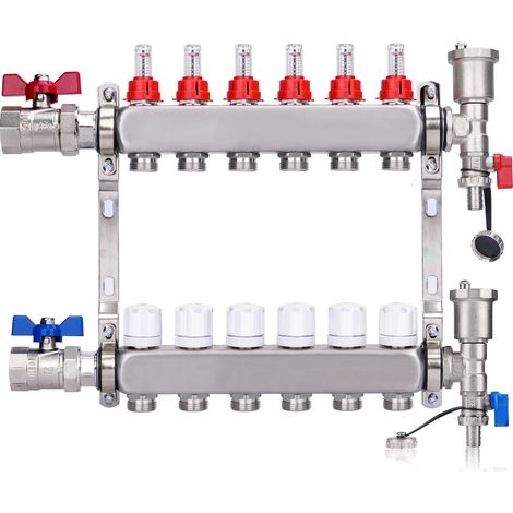 Kit Collecteur Radiateur, 6 Circuits Distributeur Chauffage, avec Vannes à Boisseau Sphérique 1", avec Purgeur Manuel et Débitmètre, Raccords pour Eurocône 3/4, Distributeur HKV