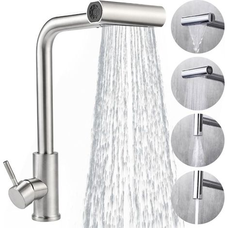 Mitigeur Cuisine avec Douchette Extensible en Acier Inoxydable - Robinet de Cuisine Rotatif 360° Finition Brossée, 4 Modes Débit + Système Antigoutte (Haute Pression/Économie d'Eau/Installation Facile (1/5)