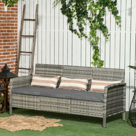 Sofá Outsunny de ratán con cojines, tres plazas, sofá de jardín, acero, gris, 173 x 68 x 78 cm (1/5)