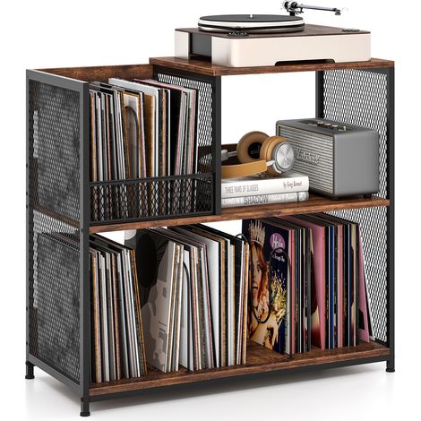 COSTWAY 3-Tier Record Player Stand Vinyl Display Rack w/Storage-Brown