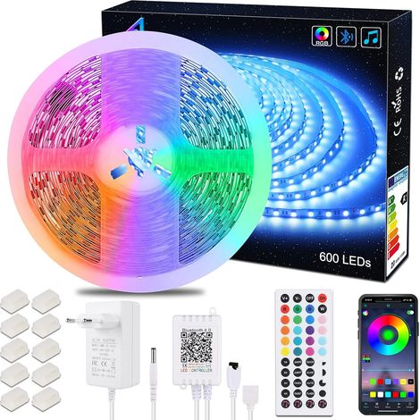 LED Light Strip Bluetooth 10 Metres 600 LEDs 5050 SMD Multi-Coloured Flexible RGB LED Strip with IR Remote Control and 24V Power Supply for Indoor Bedroom Party Decoration (1/5)