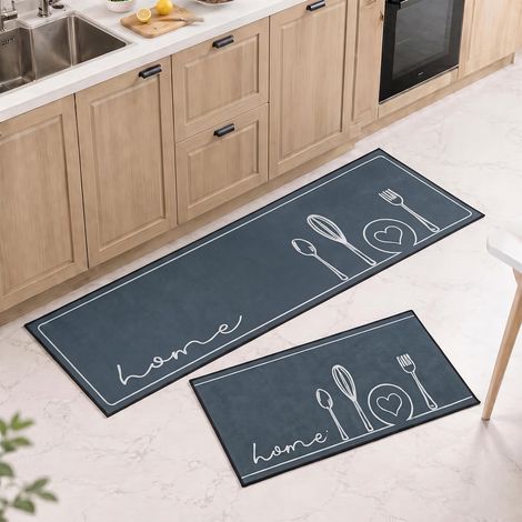 Tapis de Cuisine Lot de 2, Tapis Devant d'Évier Antidérapant Lavable, Absorbant Tapis Sol Design Home Coeur,Gris,40x60+40x120cm (1/5)