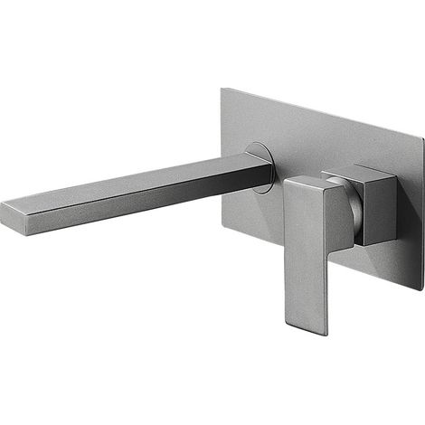 Mitigeur lavabo mural à encastrer gun métal pour vasque à poser, robinet monocommande eau chaude et froide, bec plat allongé, corps en laiton, cartouche céramique, boîte d’encastrement incluse (1/4)
