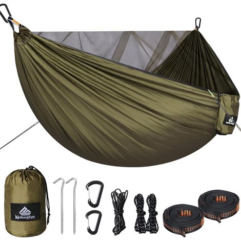 Hamac de Camping avec Moustiquaire Capacité de Charge de 300kg, (290 x 140 cm) Nylon Parachute Respirant, séchage Rapide Accessoires complets Hamac de Voyage Facile à Installer (1/5)