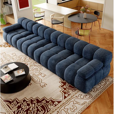 Divano lineare 400x100x68 cm in ciniglia blu, senza montaggio per ampio soggiorno – MEUBLIV (1/5)